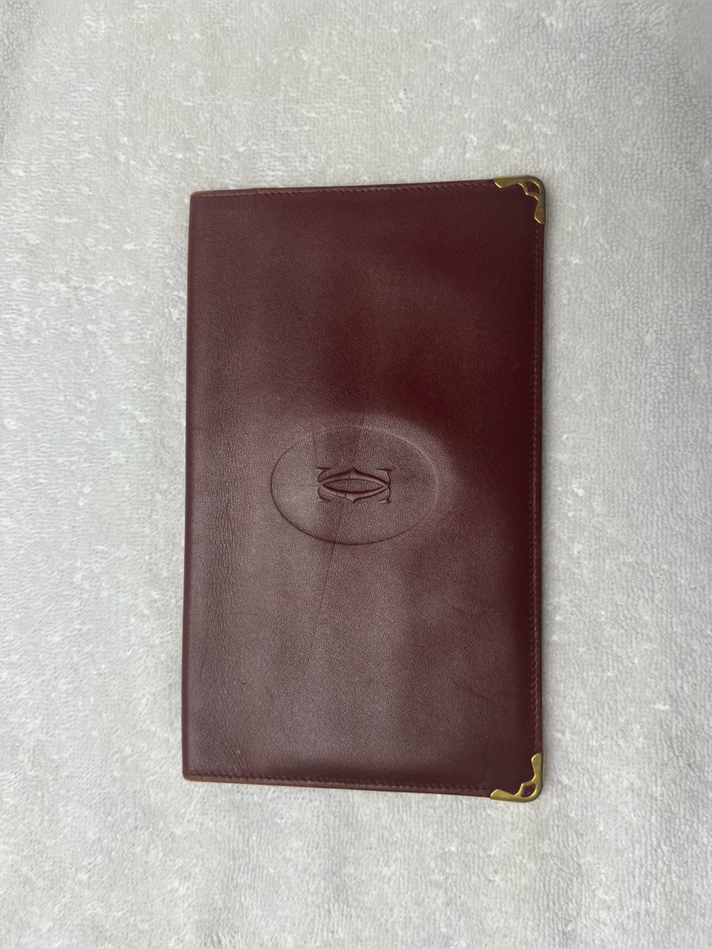 Cartier Burgundy Leather Money Clip Checkbook Holder with Gold Corners